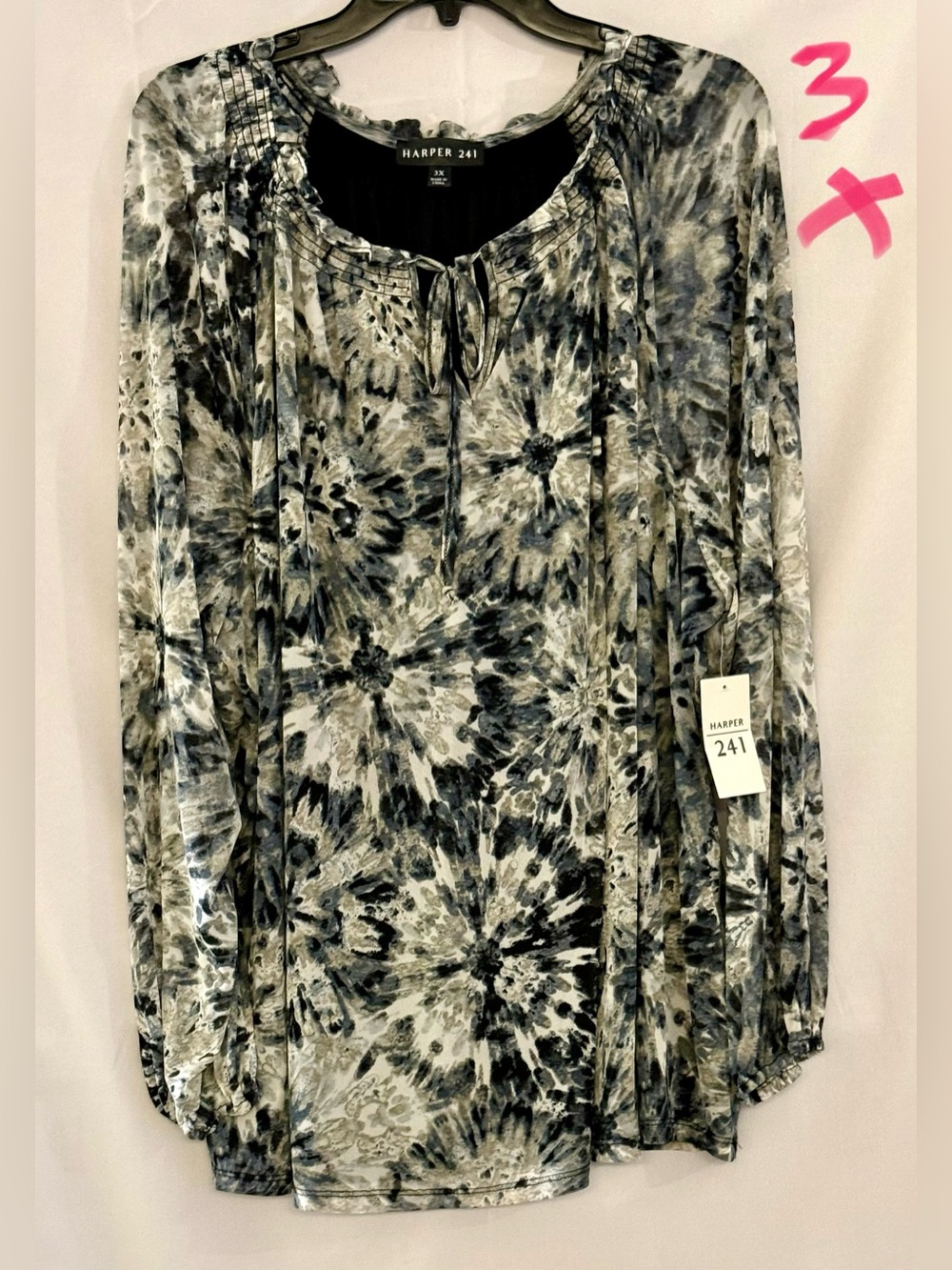 Harper Black & Gray Tie-Dye Peasant Top